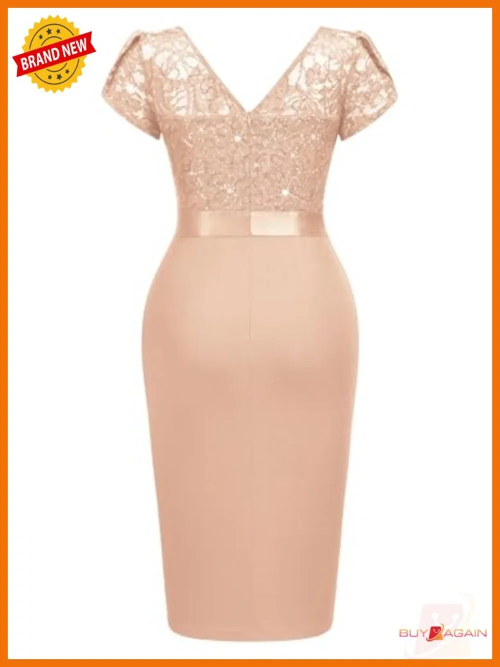 V-Neck Sequin Lace Cocktail Party Dress Puff Sleeve Knee Length
